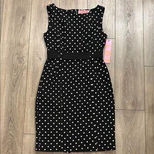 LDT NWT Sleeveless Crewneck Fitted Stretch Polka Dot Dresss with Belt - 0